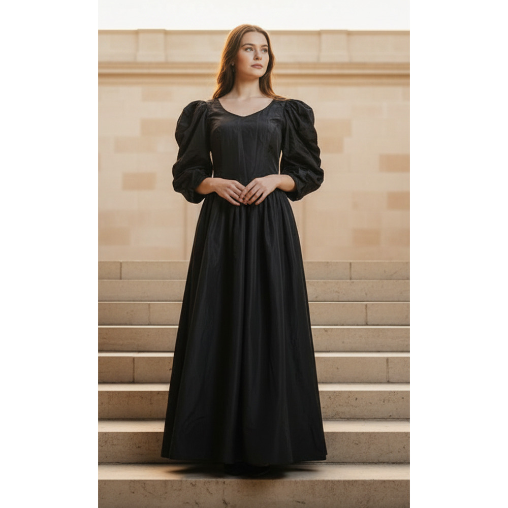 Vintage 80s Black Prom Dress‎ Victorian widow puff sleeves Taffeta sz 6/S goth